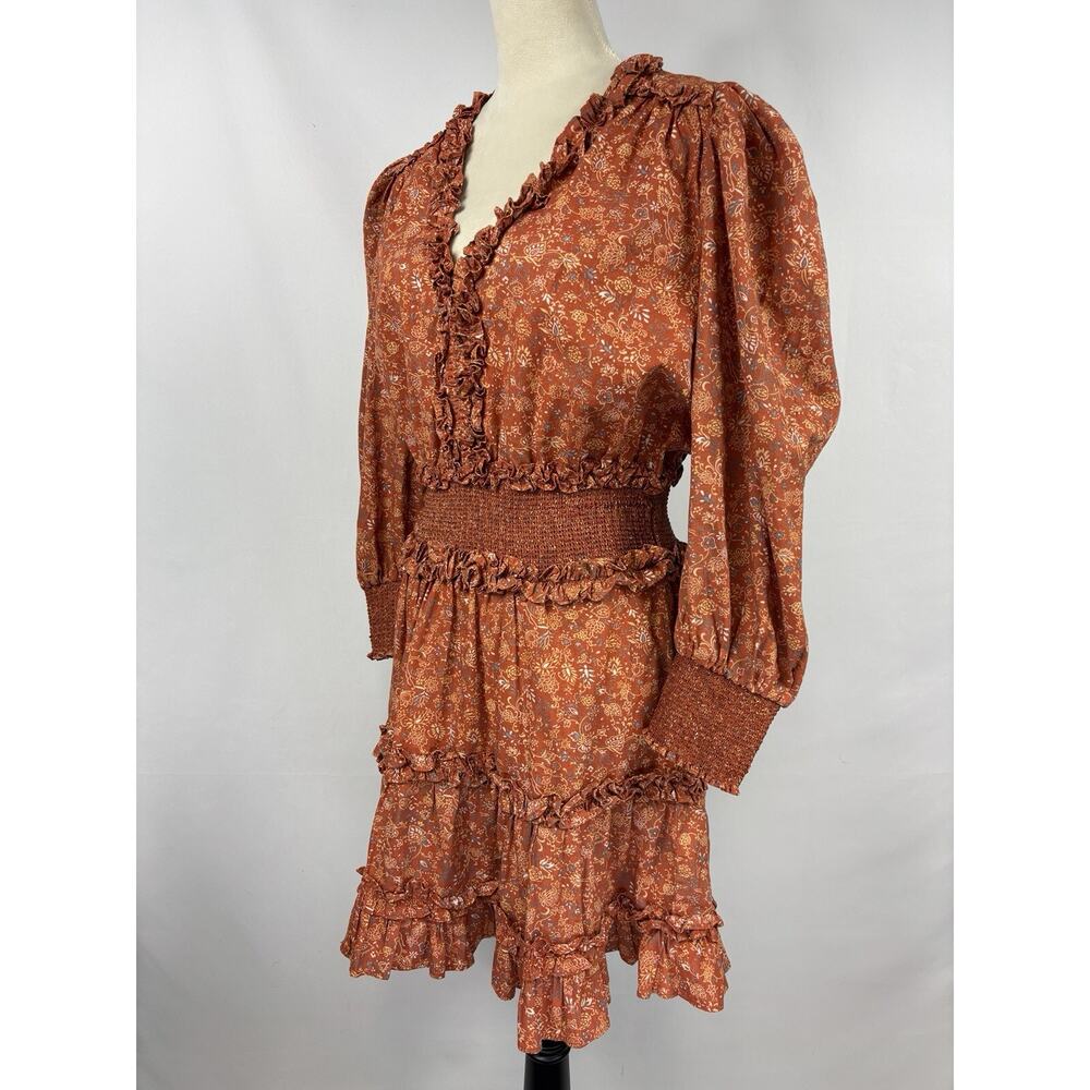 House of Harlow 1960 Wallis Peasant Dress Orange Rust Floral Large Shirred Waist